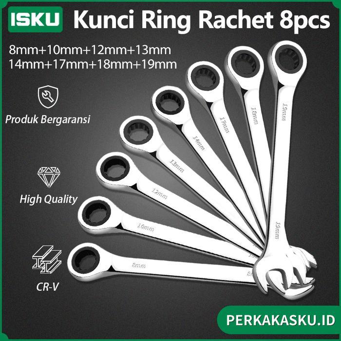 Isku Kunci Ring Pas Rachet 8Pcs Set 8-19Mm Combination Rachet Ring Pas Ratchet