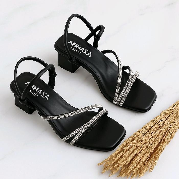 Sandal High Heels Wanita Sandal Tali Wanita Heels Hak 5 cm Hitam