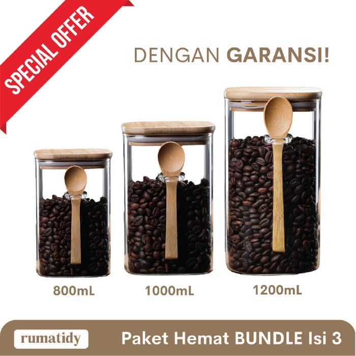 (FULLSET) KEMI Toples Kaca FREE SENDOK KAYU dengan Tutup Kayu
