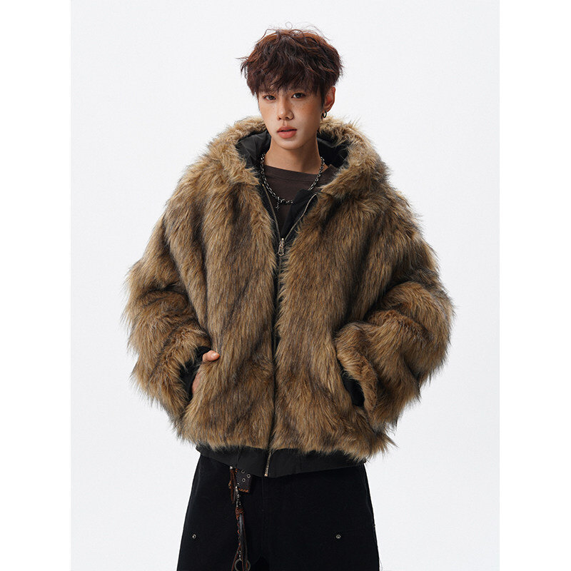 UETEEY Men's Reversible Wear Jacket Vintage Faux Fur Hairy Soft Hooded Coat Man Winter Plush Lined
