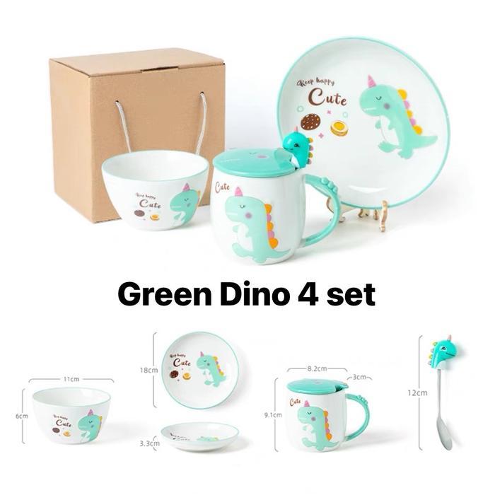 Green Dino Kid set 4/Piring makan anak lucu Ceramic Keramik
