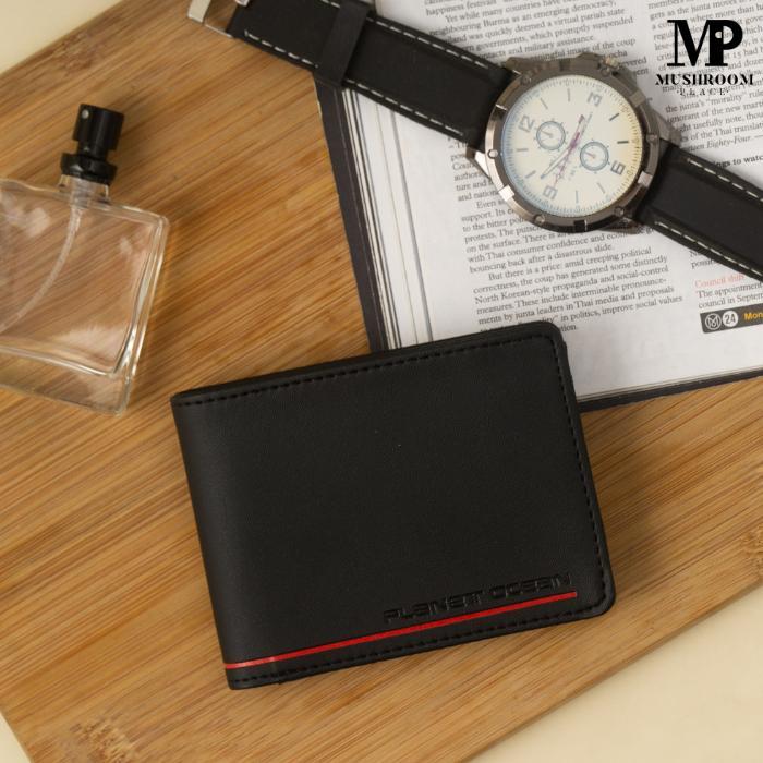 Dompet Minimalis Dompet Pendek Pria Polos Planet Ocean Hitam Underline Merah Original