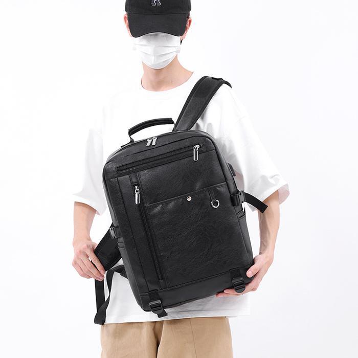 Eiger - Max-Mor M165 Tas Ransel Pria Kulit Pu Laptop 15,6 Inci Hitam Coffee Saku Depan Samping Utama