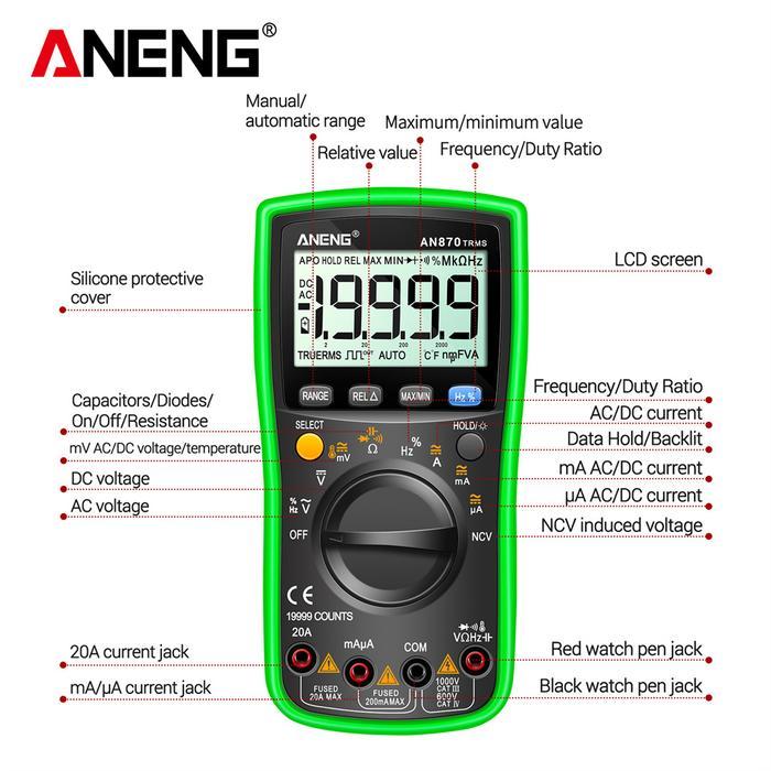 Promo Aneng An870 Digital Multimeter 19999 Counts True Rms Multimeters Ac/Dc Current Ncv Capacitance