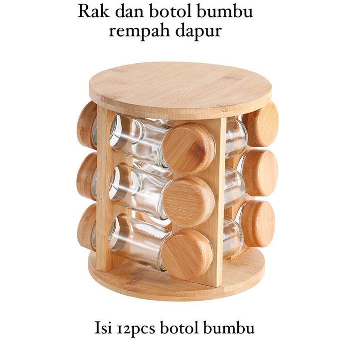[MS] Rak Kayu dan Botol Bumbu kaca Dapur Rak Putar Bumbu Spice Carouse