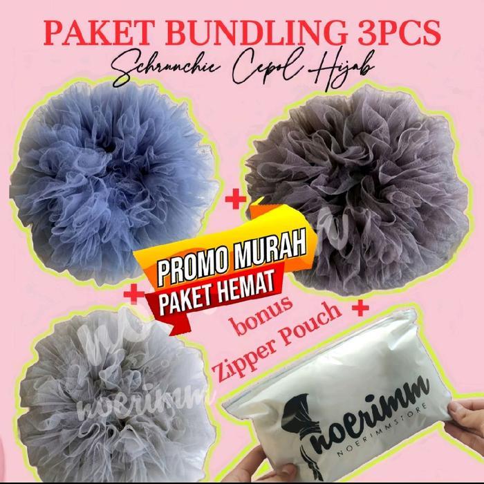 Paket Bundling 3Pcs Schrunchie Tile Cepol Noerimm Karet Wanita [Bonus Zipper Pouch] Terlaris