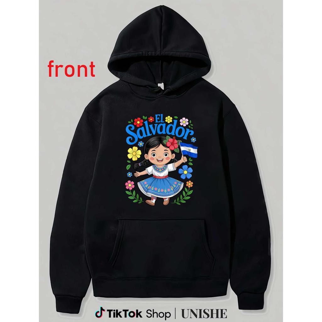 Long Sleeve Hoodie with 100% Unisex Fit, Featuring El Salvador Flag and Floral Traditional Motifs
