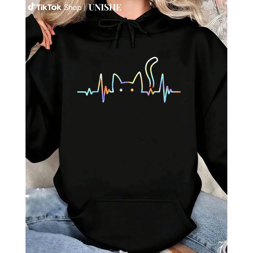 Animal Silhouette Long Sleeve Hoodie – Heartbeat Cat Lover Design for Everyone