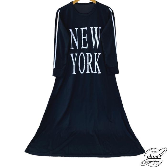 Gamis Wanita Kaos Sablon New York Gamis Lebaran 2025 Baby Terry Hitam Denim Biru Gamis Ibu Ibu