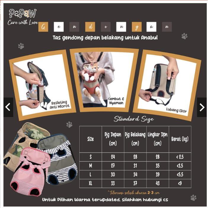 Premium Papaw Gendongan Kucing & Anjing Depan Belakang Tas Gendong Besar Size S-Xl Bernapas Nyaman