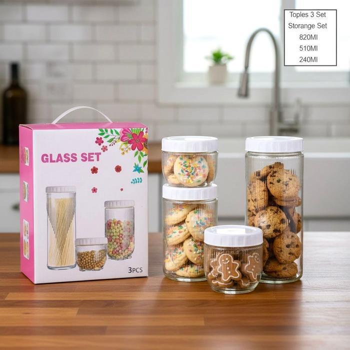 Toples Kaca Royal 3in1 Set 3 in 1 Toples Kaca Salur Minimalis Wadah Penyimpanan Makanan Kedap Udara