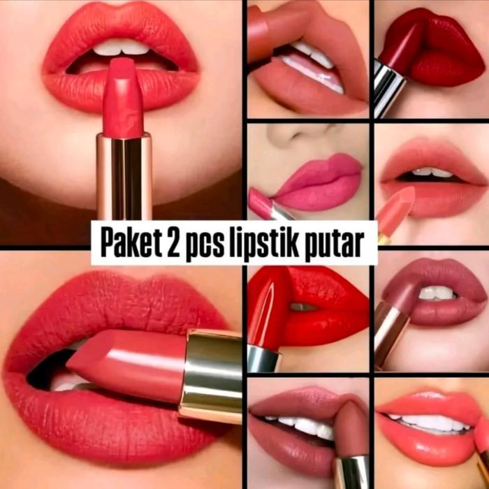 2Pcs Lipstik Putar Bisa Pilih Warna Merah/Maroon/Pink Fanta/Nude Pewarna Bibir Taham Air Dan Tahan