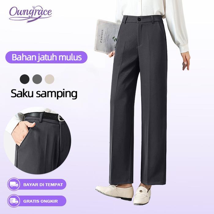 Owngrace Celana Kulot Wanita Highwaist Celana Panjang Model Basic Longgar Cocok untuk Kerja dan