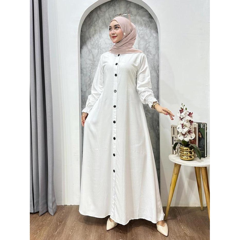 Nikmatbatik - Gamis Putih Polos Bersih - Bahan Twill Ori - Kancing Karet Muslim Cantik Kain Lembut