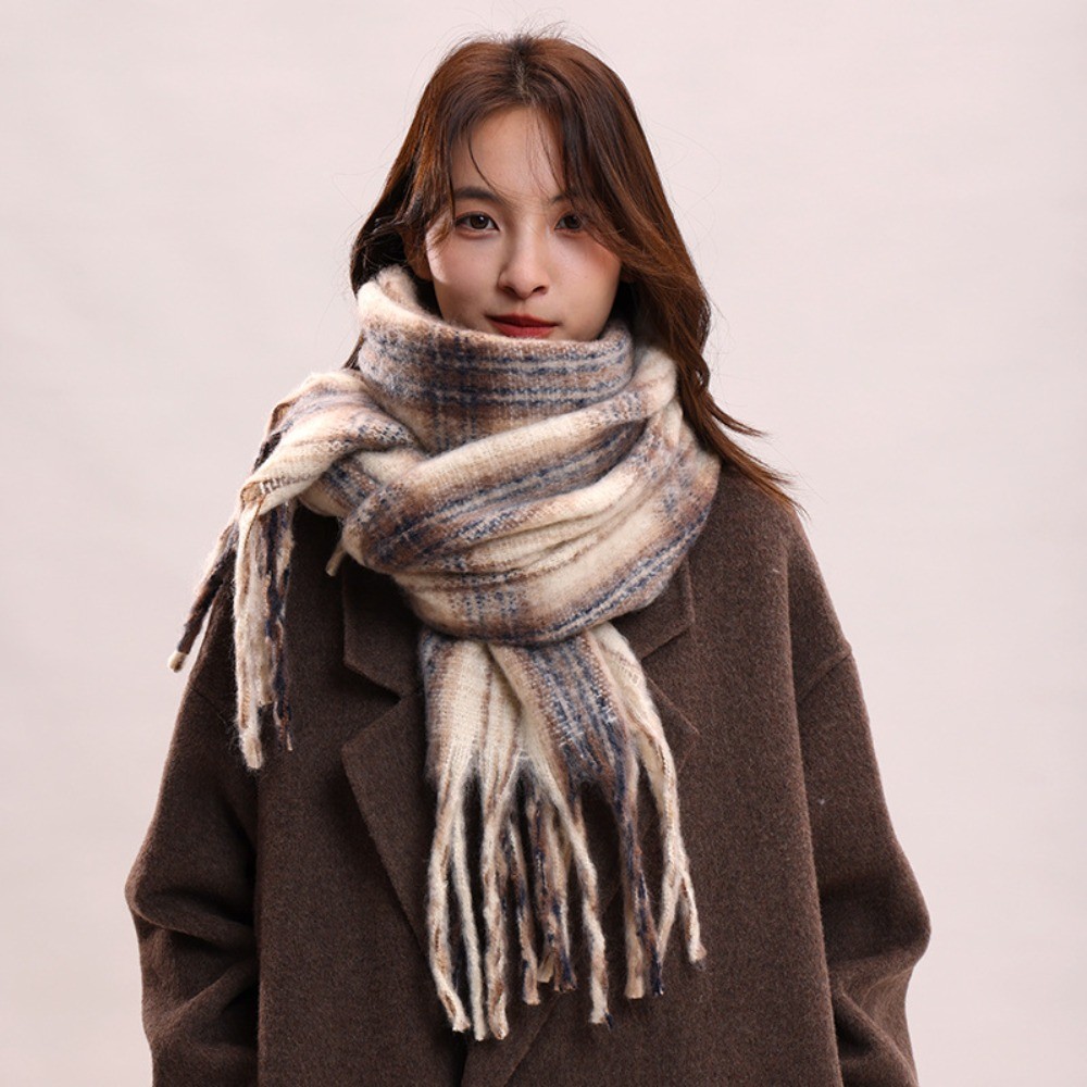 Elegant Mohair Plaid Wool Scarf Tassel Winter Cashmere Scarves Korean Style Warm Long Shawl