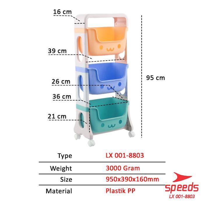 SPEEDS Rak Mainan Anak Smile Rak Mini Roda Susun 3 Tempat Penyimpanan Multifungsi 001-8803