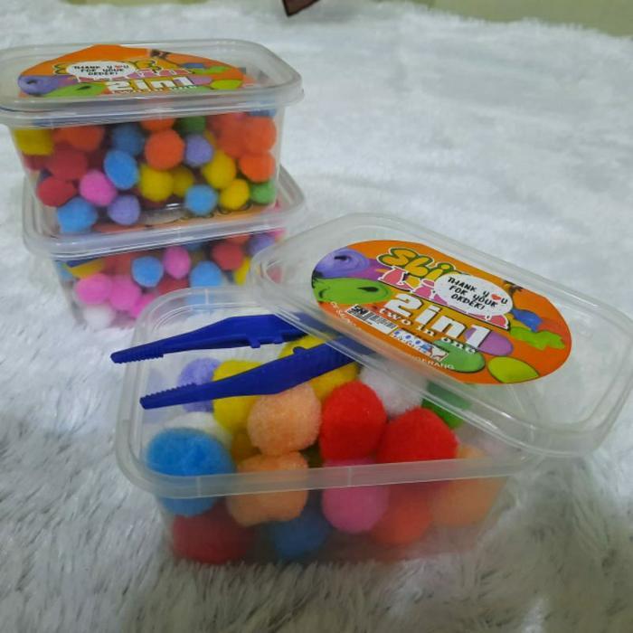 Thebest- Paket pompom box tweezer pinset plastik pom pom mainan edukasi