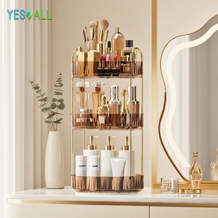 YESALL Rak Kosmetik Putar 1 2 3 Susun Rak Skincare Aesthetic Gold PET Transparan Serbaguna Dapur &