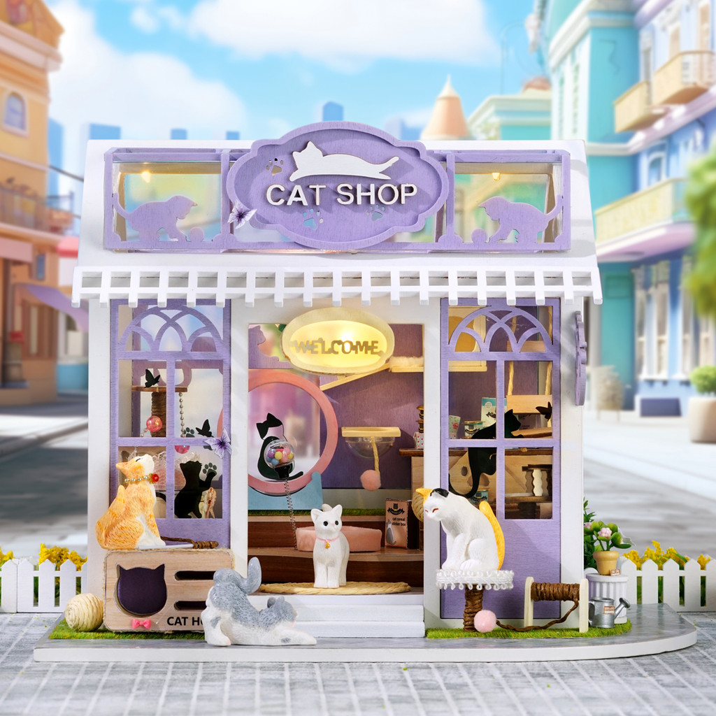 Wooden Miniature Doll House Cat Shop 3D Puzzle Assembly Building Model Toy Home Bedroom Decoration