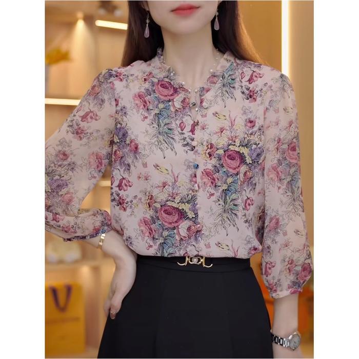 99097 Blus lengan tiga perempat motif bunga temperamen musim semi dan musim panas blus sifon baru