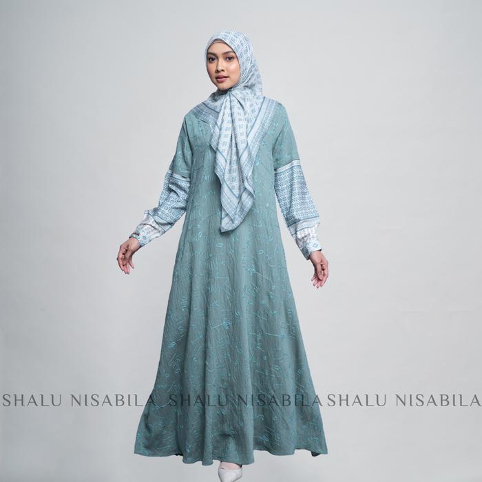 Shalu Nisabila - Jean Dress Gamis Bordir Kombinasi Panjang Coklat Maroon Grey Nyaman Syari Premium