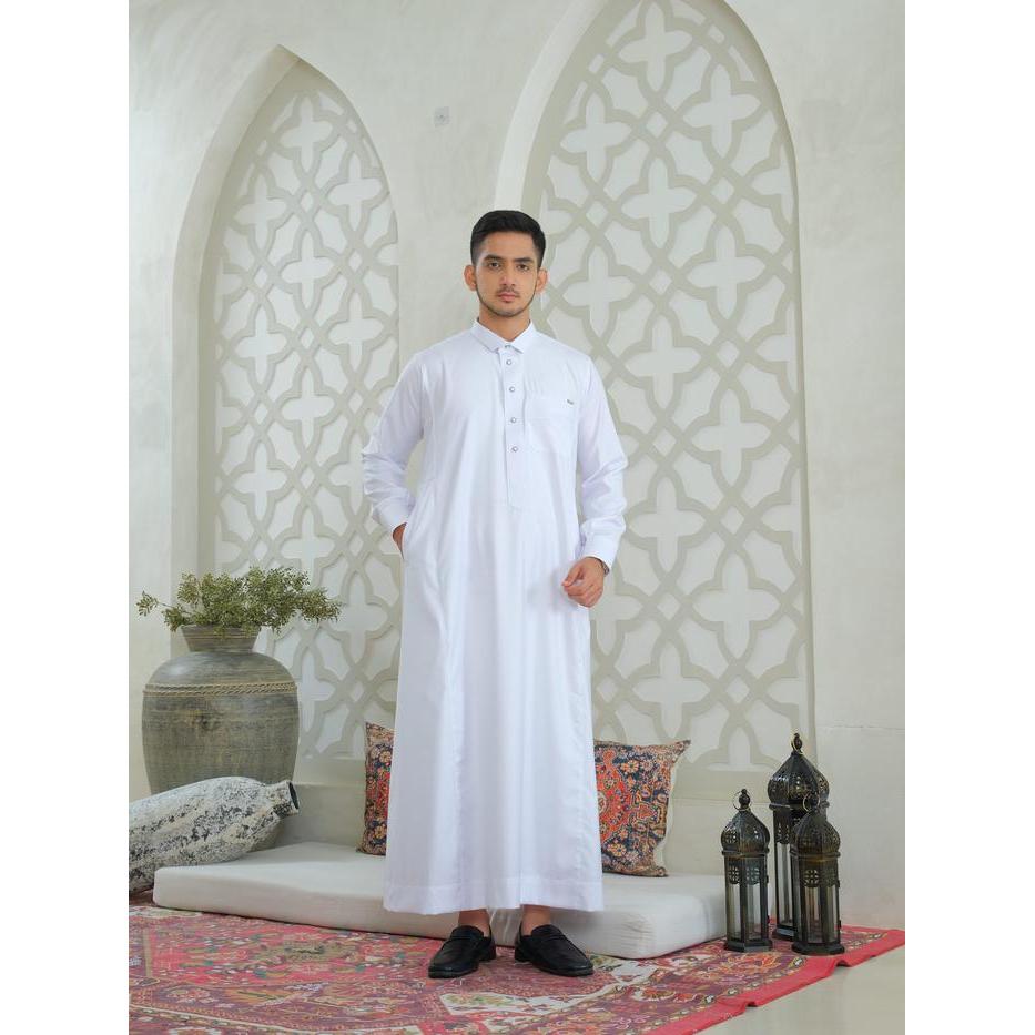 Al Haramain Series Semi Wol Thobe Akkaf Jubah / Gamis Pria Remaja & Dewasa (241981/82/83) Putih
