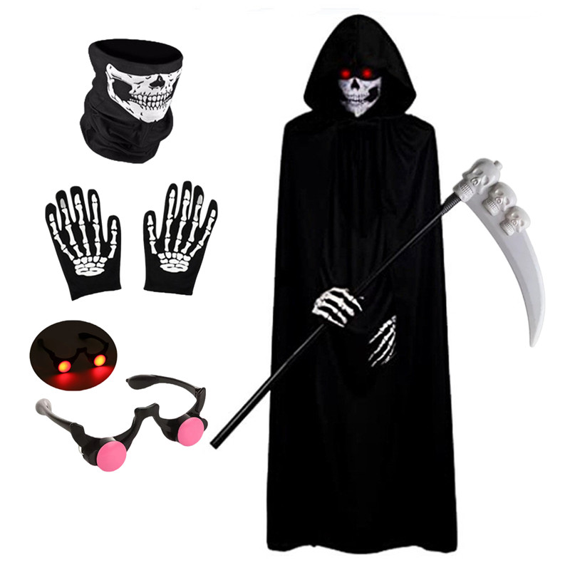 Children'S Ghost Halloween Cosplay Costume With Red Skull Cape And Scythe Creepy Vampire Mask Easter