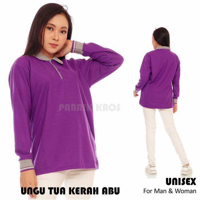 Kaos Polo Panjang Unisex Ungu Tua Kerah Abu / Kaos Kerah / Poloshirt / Polo Shirt Panjang Wanita