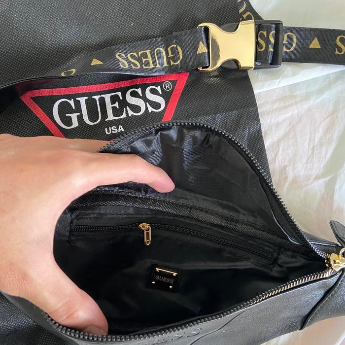 Waist Bag Pria Waist Bag Guess Leather Black Font Gold With Dustbag