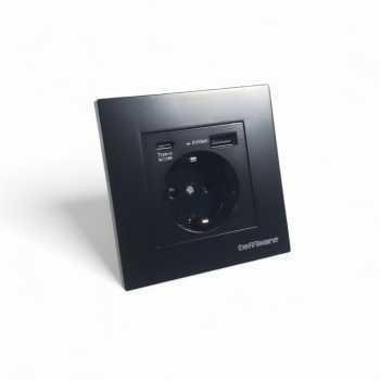 Taffware Stop Kontak Dinding USB Type C HB16 Soket Listrik Square Wall Hitam Kompatibel EU & USB A/C