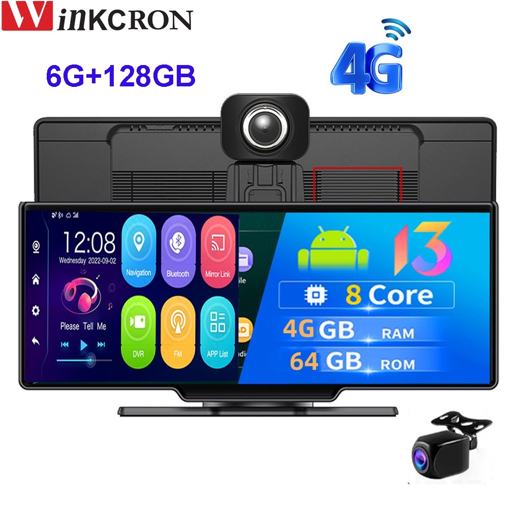 10.26 inch Car GPS Navigation 4G Android 12 ADAS Dash Camera Recorder 4G+64GB ROM WiFi ADAS BT Dual