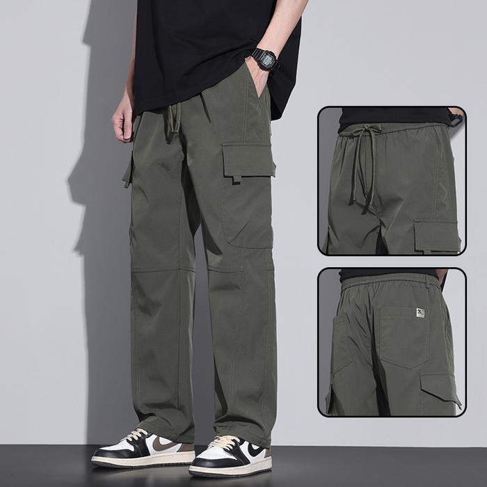 Celana Cargo Panjang Pria Hijau Korean Style Fashion Baggy Pants Dewasa Cowok Gombrong Pinggang