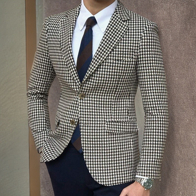 Blazer Pria Houndstooth Plaid Slim Fit dengan Slit Samping, Jaket Jas Kasual untuk Pria, Pakaian Fas