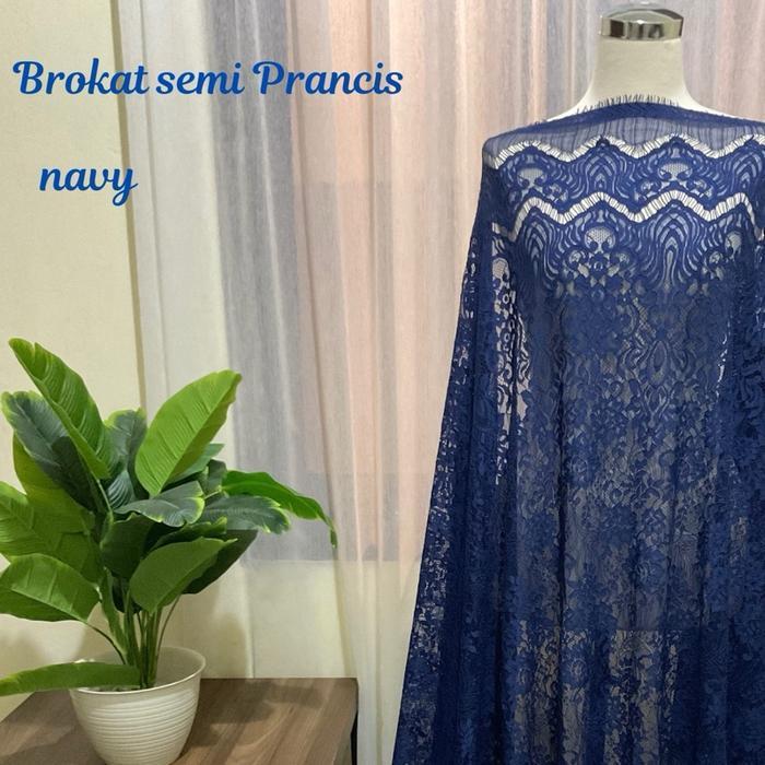 KAIN BROKAT PREMIUM CORD L PANEL SEMI PRANCIS NAVY kain kebaya