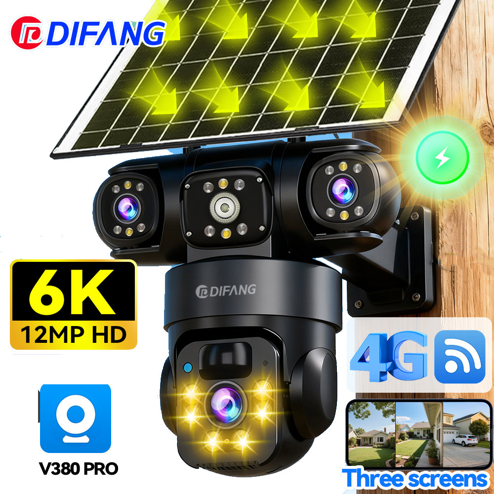 V380 Pro Wireless Solar Security Camera Three Screen Three Lens 6K 4G Sim Card Solar CCTV 4G V380