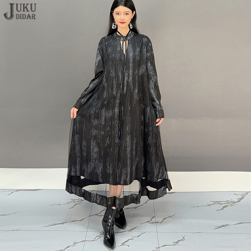 Vintage Print Long Sleeve New England Style Woman Black Dress Mesh Overlay Big Size Loose Fit