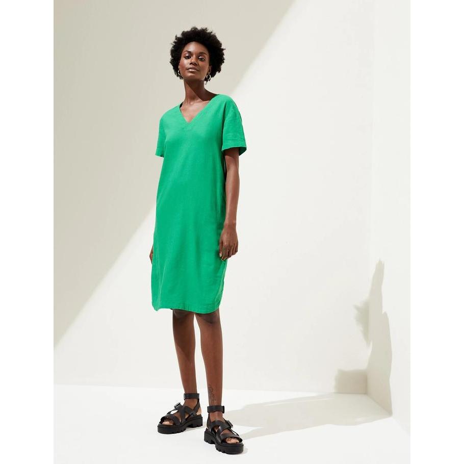 M&S - Dress Wanita - Linen Rich V-Neck Midi Shift Dress
