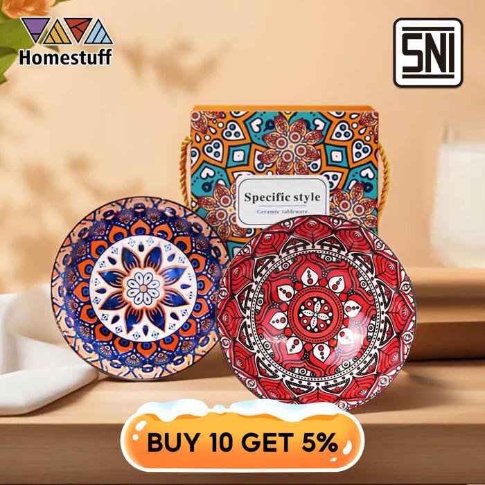 Sale- [Buy 5 Get 5%]Homestuff Mangkok Keramik Bohemia Isi 2 & Box Estetik Kado Souvenir Nikah Sni