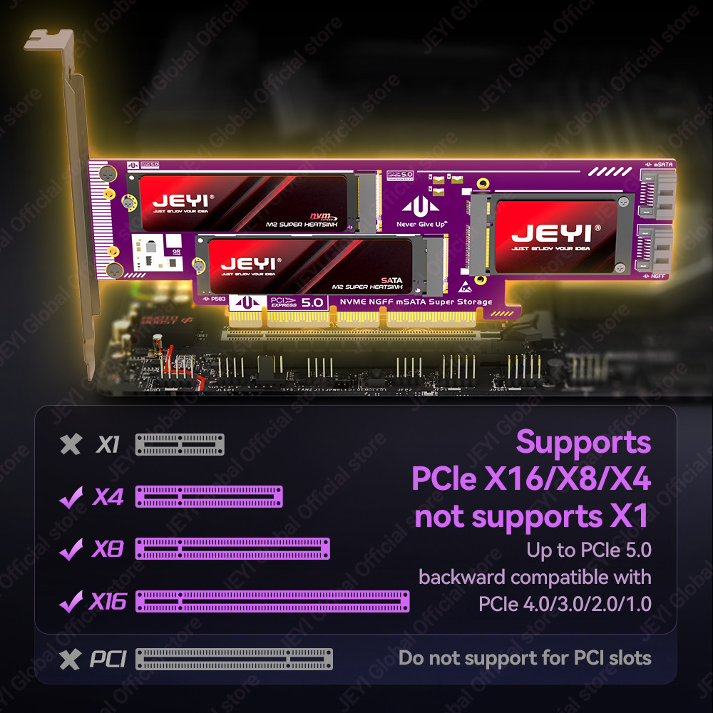 JEYI 3 in 1 NVMe NGFF and mSATA SSD PCIe 5.0/4.0 Adapter Card M.2 NVME to PCIE/M.2 SATA SSD to SATA