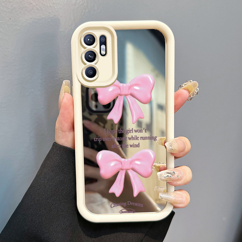 Casing Hp Untuk OPPO Reno 6 Case Pink bow 3D Tiga Dimensi Cesing Mirror Kasing Kemudahan cermin Kesi