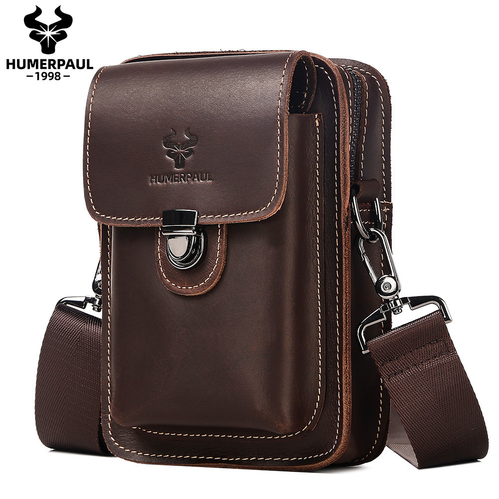 HUMERPAUL Men's Waist Bag Crazy Horse Leather Small Shoulder Messenger Bags Quality Multifunctional