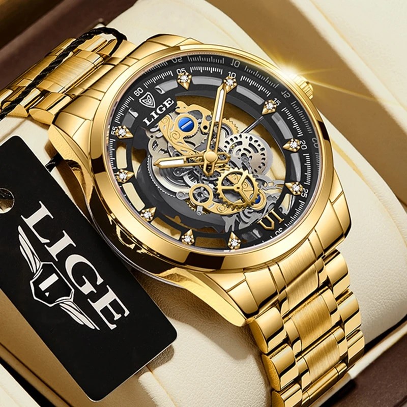 LIGE New Men Watch Skeleton Quartz Wristwatch Gold Skeleton Retro Man Watch Top Brand Luxury Clock