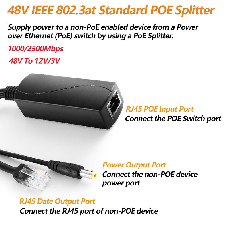 PoE Splitter 12V/3A 2.5Gigabit 36W, DC 5.5*2.1mm/5.5*2.5mm Plug, DC 12V/3A Output, Ethernet Comply