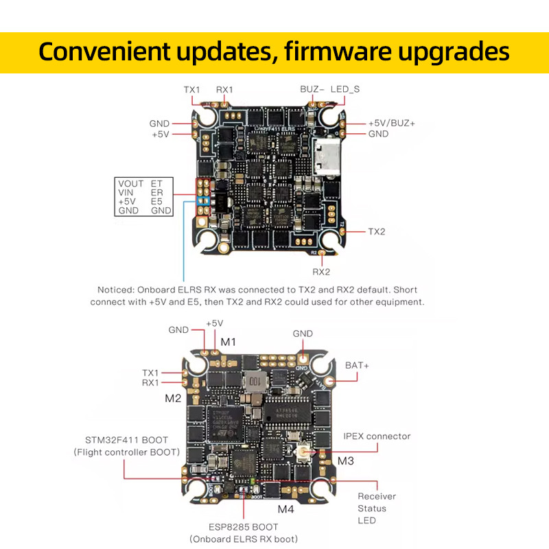HappyModel CrazyF411 ELRS AIO 4in1 Flight Controller F411 FC Built-in UART 2.4G ELRS RX 2-4S Lipo