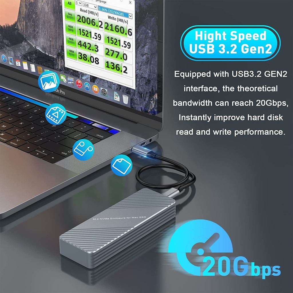 M2 SSD Enclosure USB-C 3.2 M.2 NVMe SSD 12+16 PIN For Apple Mac/iMac/MacBook Pro/Air 2013 to 2017