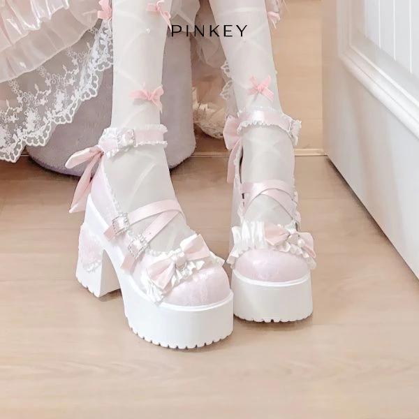 PINKEY P418 Lolita Platform Heels Sepatu Kawaii Renda & Pita Pastel Pink/Putih/Biru Hak Tinggi 9cm