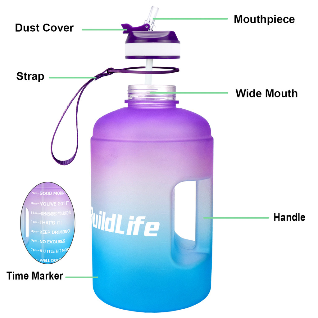BuildLife 1 Gallon Water Bottle with Straw Time Marker 3.78L 2.2L 1.3L BPA Free Plastic Large Capaci