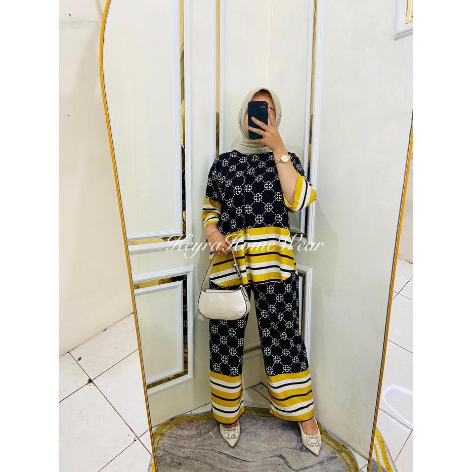 Premium Keyra Pajamas Kulot One Set Kemeja Lengan 7/8 Rayon Motif Busui Nyaman Adem Celana Panjang
