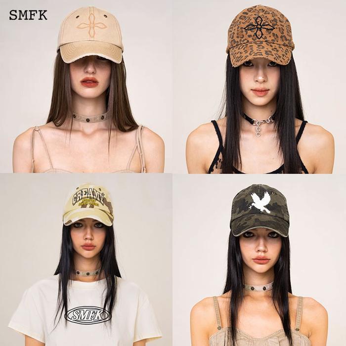 SMFK Baseball Cap Vintage Cross Flower Baseball Hat Camouflage Letter Dome Hat Maillard Style