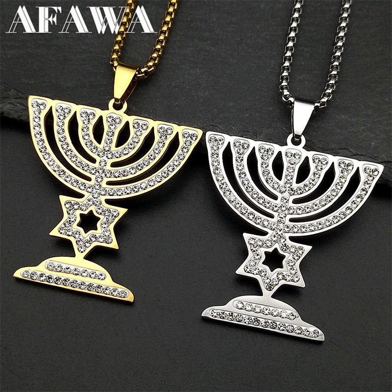 Jewish Menorah Star of David Necklace Stainless Steel Judaica Israel Faith Lamp Hanukkah Rhinestones